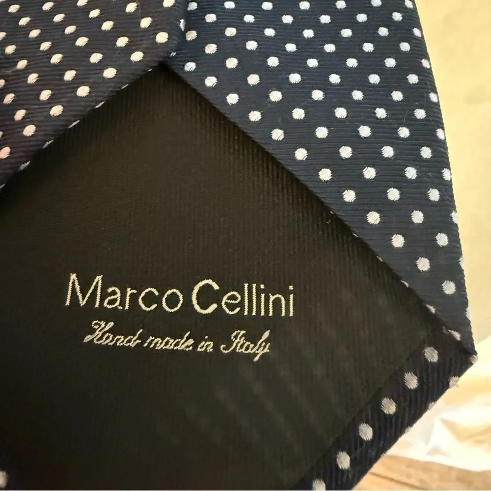 Marco Cellini Silk Tie Navy and Silver Polka Dot Made in Italy